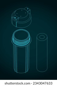 Stylized vector illustration of isometric blueprint of reverse osmosis pre-filter bowl and carbon filter