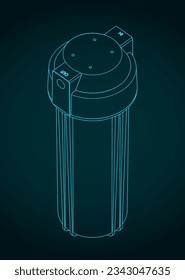 Stylized vector illustration of isometric blueprint of reverse osmosis pre-filter bowl