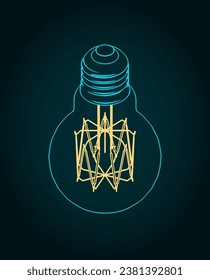 Stylized vector illustration of isometric blueprint of LED lamp with visible carbon filament
