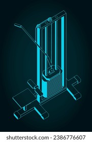 Stylized vector illustration of isometric blueprint of lat pulldown machine