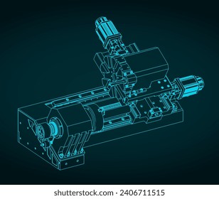 Stylized vector illustration of isometric blueprint of CNC lathe machine