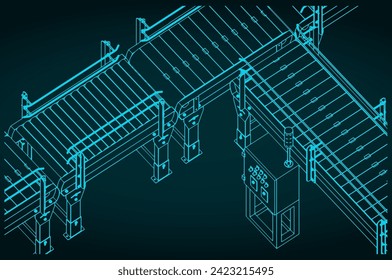 Stylized vector illustration of isometric blueprint of automated factory conveyor line