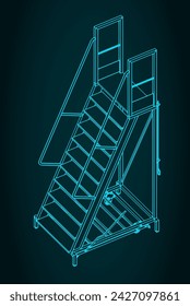 Stylized vector illustration of isometric blueprint of rolling steel ladder