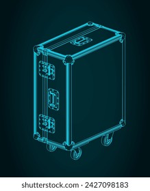 Stylized vector illustration of isometric blueprint of rolling road case for stage equipment