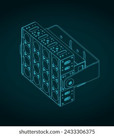 Stylized vector illustration of isometric blueprint of high intensity LED light for outdoor rated