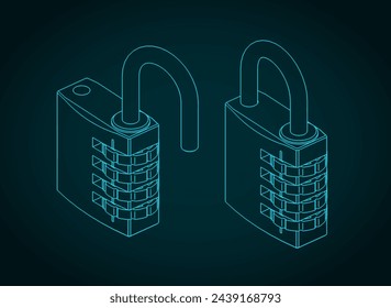 Stylized vector illustration of isometric blueprint of combination padlock