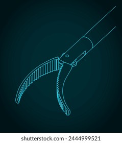 Stylized vector illustration of isometric blueprint of a laparoscopic forceps with curved head