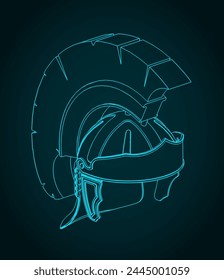 Stylized vector illustration of isometric blueprint of a Roman legionary helmet