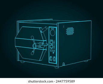 Stylized vector illustration of isometric blueprint of autoclave sterilizer lab equipment