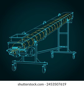 Stylized vector illustration of isometric blueprint of a mobile screw conveyor