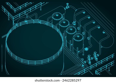 Stylized vector illustration of isometric blueprint of refinery