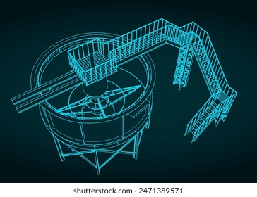 Stilisierte Vektorillustration der isometrischen Blaupause des Bergbau-Verdickungstanks