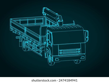 Stylized vector illustration of isometric blueprint of truck with crane-manipulator installation