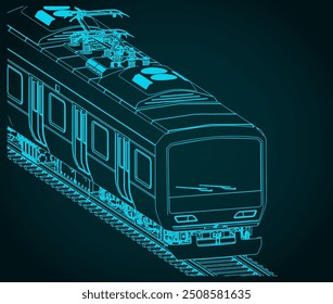 Stylized vector illustration of isometric blueprint of a city ​​train close up