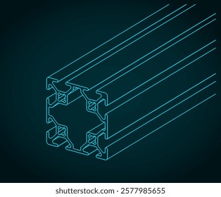 Stylized vector illustration of isometric blueprint of aluminum profile