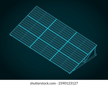 Stylized vector illustration of isometric blueprint of stationary solar panels