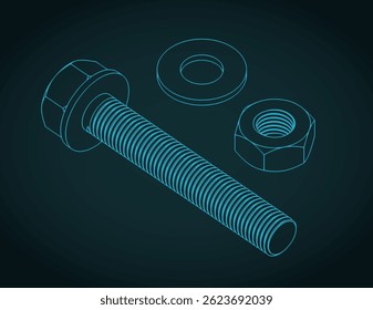 Ilustração vetorial estilizada de projeto isométrico de parafuso, porca e arruela hexágono