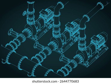 Ilustração vetorial estilizada de projeto isométrico de sistema de estação de bombeamento de água