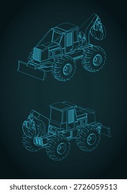 Stilisierte Vektorgrafik eines isometrischen Bauplans eines Forstschleppers mit Greifer