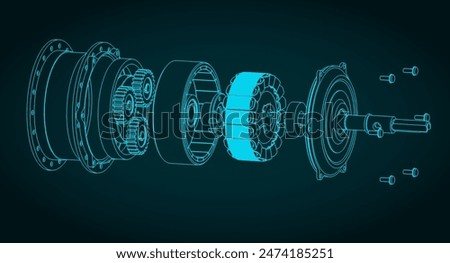 Stylized vector illustration of isometric blueprint of a bicycle wheel hub motor disassembly