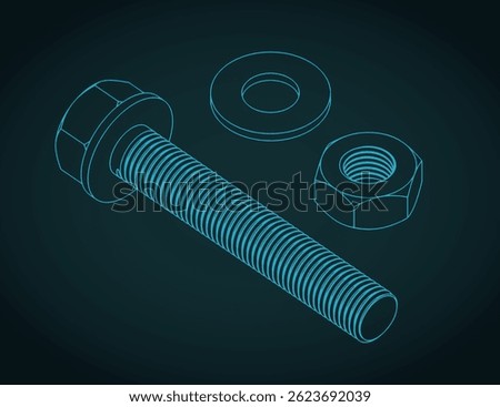 Stylized vector illustration of isometric blueprint of hexagon bolt, nut and washer