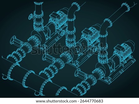 Stylized vector illustration of isometric blueprint of water pumping station system