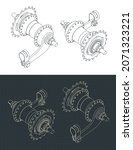 Stylized vector illustration of isometric blueprints of a coaster brake hub