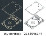 Stylized vector illustration of isometric blueprints of hard disk drive