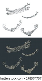 Stylized vector illustration of isometric blueprints of leaf springs