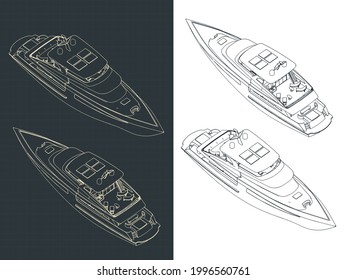 Stylized vector illustration of isometric blueprints of a luxury yacht