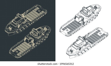 Stylized vector illustration of isometric blueprints of anchor handling tug