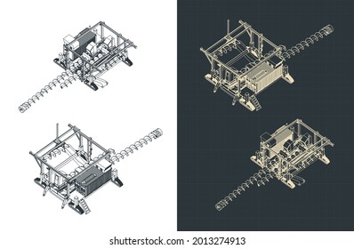 Stylized vector illustration of isometric blueprints of coal auger system