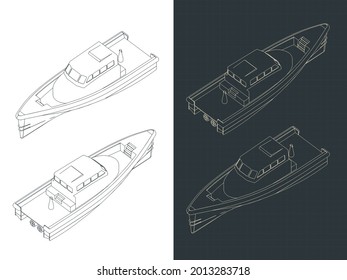 Stylized vector illustration of isometric blueprints of search and rescue boat