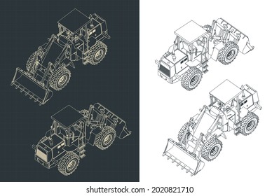 Stylized vector illustration of isometric blueprints of wheel loader