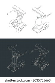 Stylized vector illustration of isometric blueprints of heavy-duty trailer dolly
