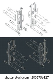 Ilustración vectorial estilizada de planos isométricos del camión apilador hidráulico
