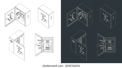 Stylized vector illustration of isometric blueprints of electrical cabinet