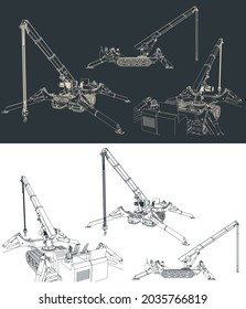 Stylized vector illustration of isometric blueprints of mini crane