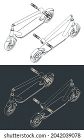 Stylized vector illustration of isometric blueprints of foldable electric scooter