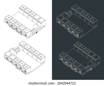 Stylized vector illustration of isometric blueprints of Arduino UNO shield