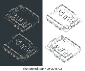 Stylized vector illustration of isometric blueprints of DC and Stepper motor shield for Arduino