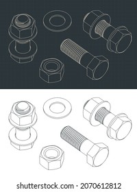 Stylized vector illustration of isometric blueprints of hexagon bolt and nuts head