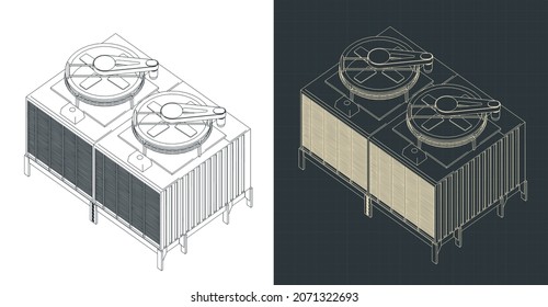 Stylized vector illustration of isometric blueprints of cooling tower