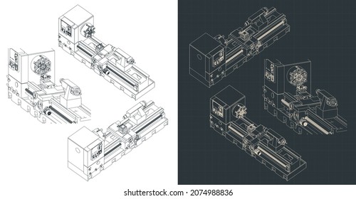 Stylized vector illustration of isometric blueprints of mechanical lathe