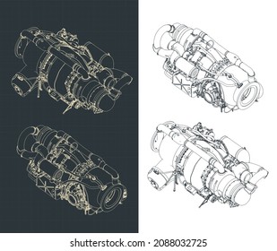 Stylized vector illustration of isometric blueprints of Aircraft gas turbine engine APU