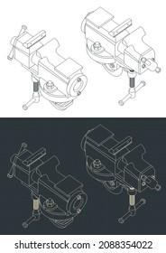 Stylized vector illustration of isometric blueprints of bench vice