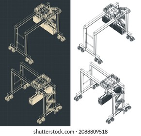 Stylized vector illustration of isometric blueprints of rubber-tired overhead gantry crane