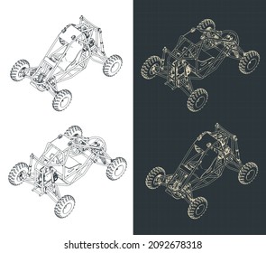 Stylized vector illustration of isometric blueprints of buggy