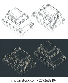 Stylized vector illustration of isometric blueprints of pontoon houseboat