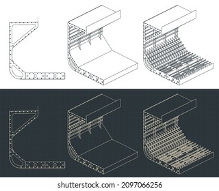 Ilustración vectorial estilizada de planos isométricos de sección media de un buque de carga grande